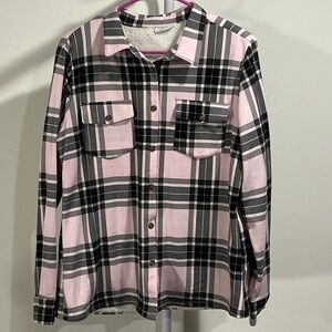 Rue21 Pink and Black Plaid Button Down Flannel Shirt with Sherpa Lining